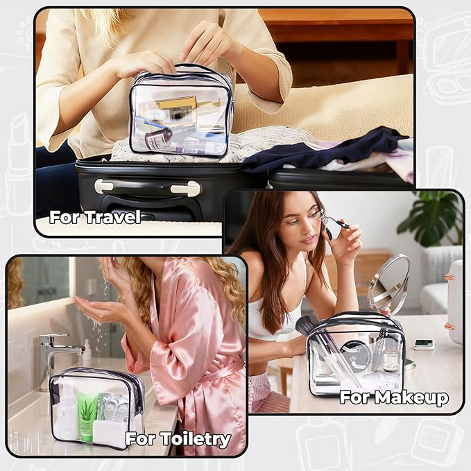 CHICAUP 6 Pieces Clear Makeup Bags Bulk TSA Approved Toiletry Bag for Travel PVC Waterproof Clear Cosmetic Pouch with Zipper for Men and Women Carry-on Travel Essentials (Black)
