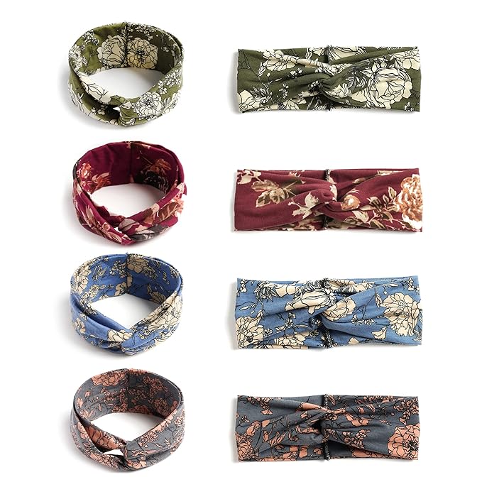 Boho Headbands For Women Fashion Criss Cross Hair Bands Stretch Turban Knot Head Bands Yoga Running Sweatband Elastic Headband Stylish Wrap Headbands Hair Accessories for Teen Girls 4 Pack