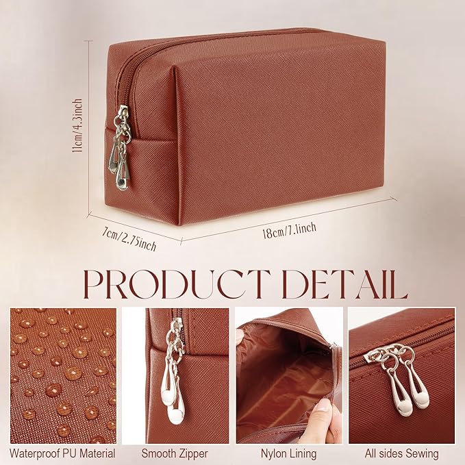 Kigeli Aesthetic Makeup Bags PU Leather Cosmetic Pouches Waterproof Plain Toiletry Bags Makeup Pouches Bulk for Women Party Gift Travel Storage Organizer(Brown,7.1 x 2.8 x 4.3 in)
