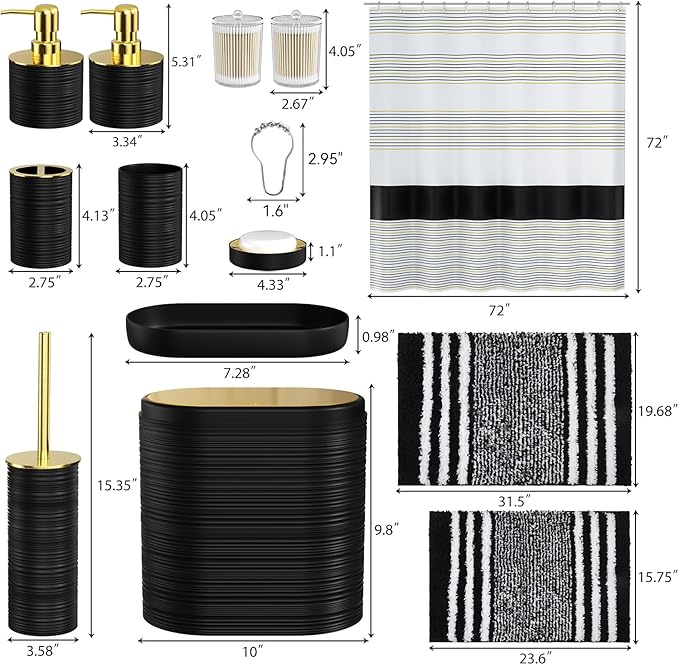 InnJoey Bathroom Set - Bathroom Sets with Shower Curtain and Rugs, 25PC Bathroom Accessory Set, Black Bathroom Accessories Set with Trash Can, Soap Dispensers