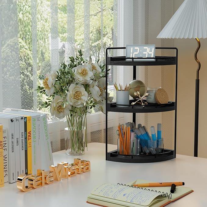 CeleVista Corner Bathroom Counter Organizer, 3 Tier Bathroom Sink Shelf Countertop, Wood Vanity Skincare Storage for Toiletries Decor, Makeup, Dresser(Black)