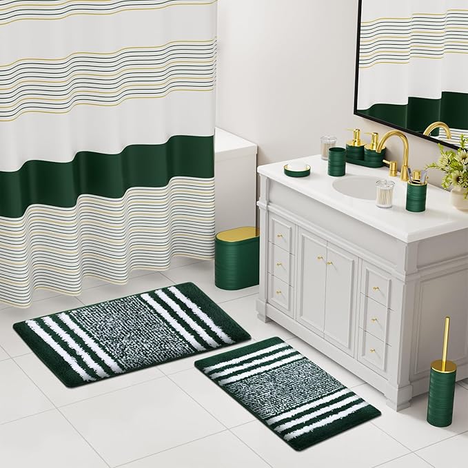InnJoey Bathroom Set - Bathroom Sets with Shower Curtain and Rugs, 25PC Bathroom Accessory Set, Green Bathroom Accessories Set with Trash Can, Soap Dispensers
