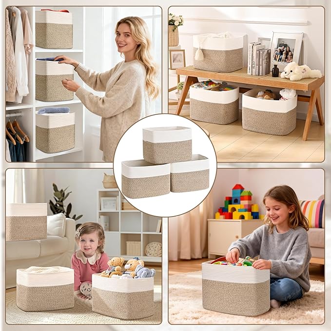 3 Pack Cube Storage Bin, 17”x12”x12” Cotton Rope Woven Baskets for Organizing Toys Clothes Towels, Square Gift Storage Baskets for Shelf, Nursery, Closet, Bathroom, Pantry (White & Jute)