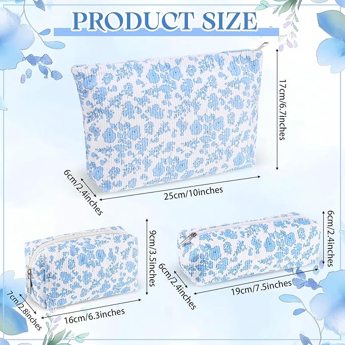 Huhumy 3 Pcs Makeup Bag Set for Women Corduroy Cosmetic Pouch Aesthetic Smile Travel Toiletry Bag Cute Purse Pouch Pencil Case Makeup Brushes Storage Organizer with Zipper (Blue,Floral)