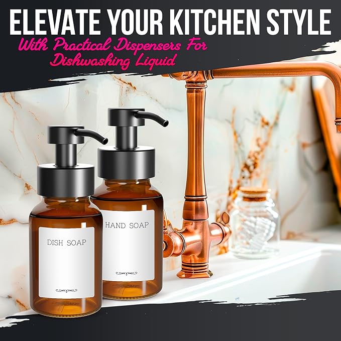 2 Pcs Amber Glass Foaming Soap Dispenser - 8.5 Oz Refillable Glass Foaming Hand Soap Dispenser, Non-Slip Bottom, 6 Moisture-Resistant Labels - Elegant Pump Bottles for Bathroom & Kitchen Counter Decor