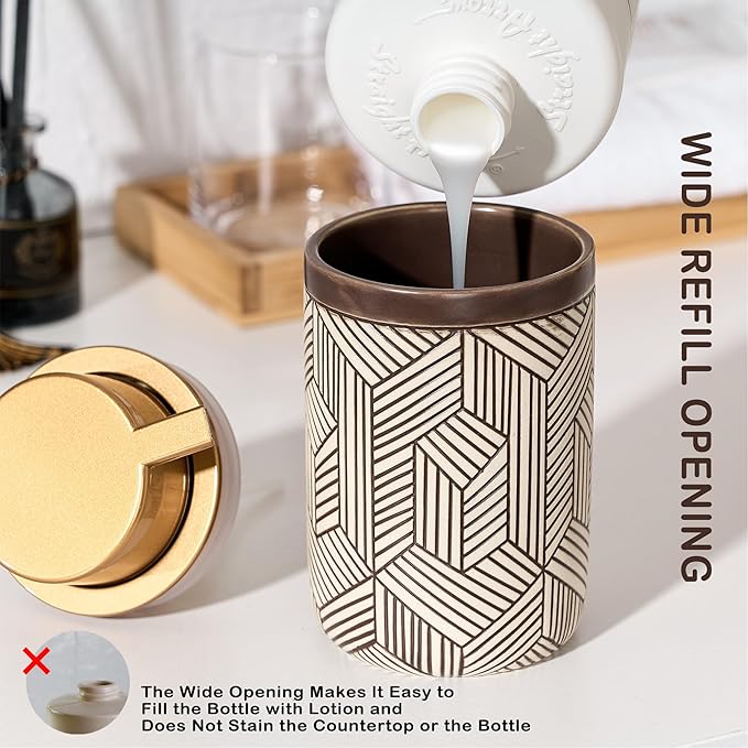 GIRLUFO Brown Foaming Soap Dispenser,Ceramic Foam Soap Dispenser for Bathroom&Kitchen,12oz Foam Dispenser with Plastic Gold Pump(Unique&Modern)