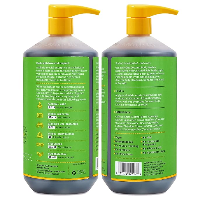 Alaffia Body Wash, Everyday Coconut 2-Pack – Purely Gentle Skin Cleanser for Normal to Dry Skin, 32 Oz Ea