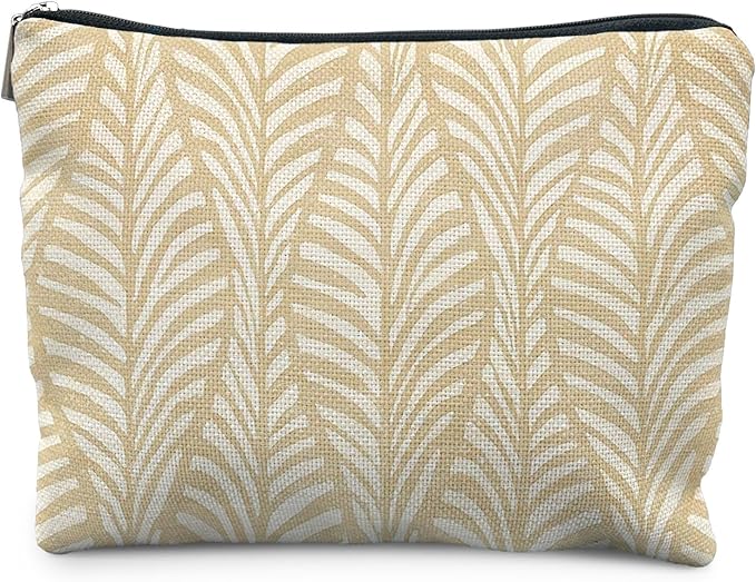 RYYCDOI Boho Beige Leaf Makeup Bag, Neutral Block Print Leaves Cosmetic Bags for Women, Minimalist Beige Botanical Zipper Makeup Pouch
