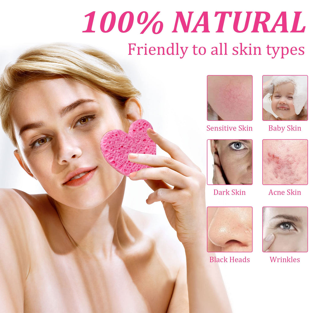 60-Count Kickleen Compressed Cellulose Heart Shape Facial Sponges,Pink