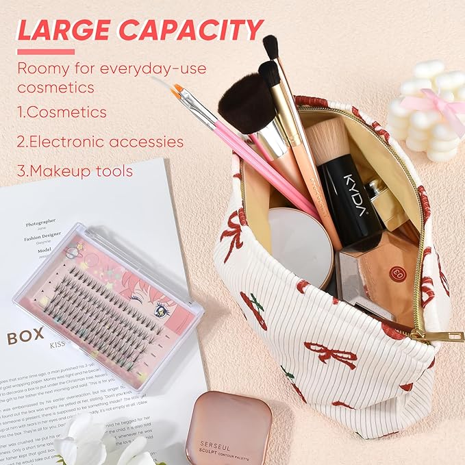 Ksriylm Cute Makeup Pouch for Women Bow Cherry Small Make Up Bag for Purse Zipper Initial Cosmetic Bags Pouches for Purse Aesthetic Travel Toiletrybags,Red Cherries Bows