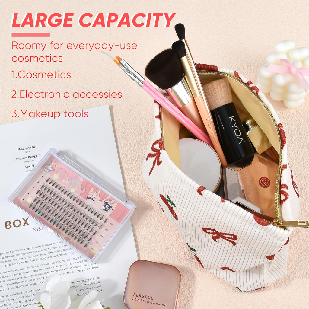 Ksriylm Cute Makeup Pouch for Women Bow Cherry Small Make Up Bag for Purse Zipper Initial Cosmetic Bags Pouches for Purse Aesthetic Travel Toiletrybags,Red Cherries Bows