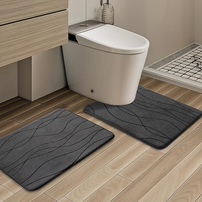 YIHOUSE Bathroom Rugs Set 2 Piece, Memory Foam Bath Mat Dark Grey