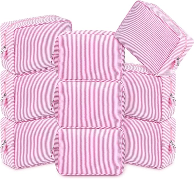 Sanwuta 9 Seersucker Cosmetic Bag Bulk Striped Makeup Bag for Women Aesthetic Cute Travel Toiletry Organizer Preppy Storage Pouch for Wedding Bridesmaid Mother's Day Teacher Gift (Large,Pink)