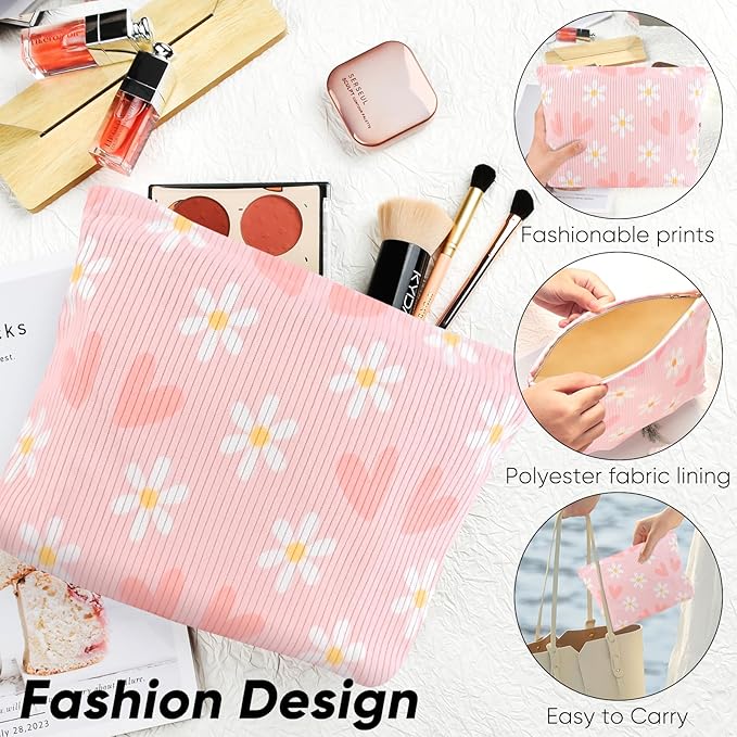 Ksriylm Cute Heart Flower Makeup Pouch for Women Small Make Up Bag for Purse Zipper Initial Makeup Cosmetic Bags Pouches for Purse Aesthetic Travel Toiletry Bags, Pink Floral Hearts