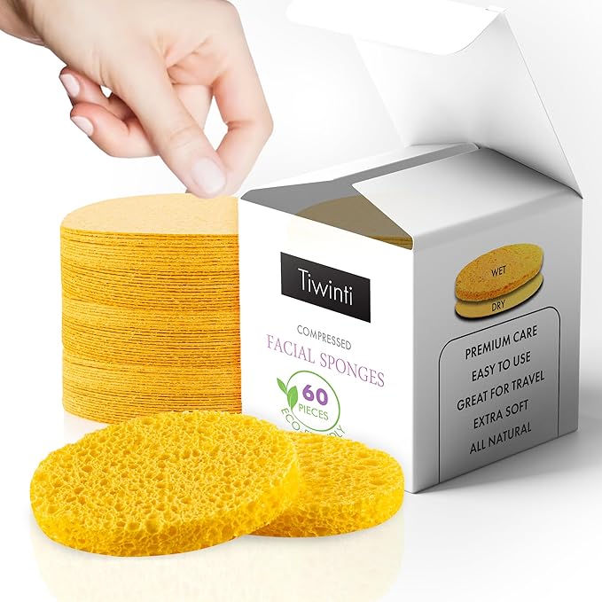 60 Count Compressed Facial Sponges - Natural Wood Pulp Round Esthetician Face Sponges for Cleansing, Daily Face Washing, Exfoliating Makeup, and Mask Removal (Yellow)