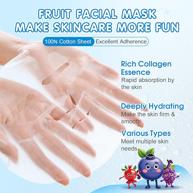 28 Pack Fruit Face Masks Skincare for Kids Girls, Sheet Collagen Face Mask for Women Skin Care, Bulk Hydrating Facial Mask for All Skin Types, Sleepover Party Supplies and Party Spa Gifts for Teens
