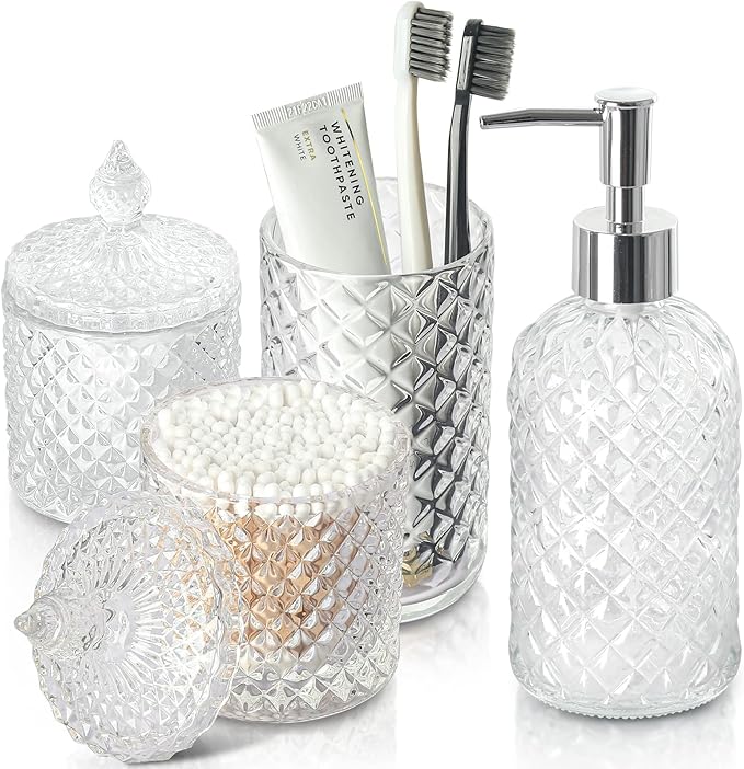 RYTOXILO Green Bathroom Accessories Set, 4 Pack Olive Green Bathroom Decor Accessory Sets Complete, Diamond Glass Soap Dispenser and Toothbrush Holder Set for Bath Counter Organizer Essentials