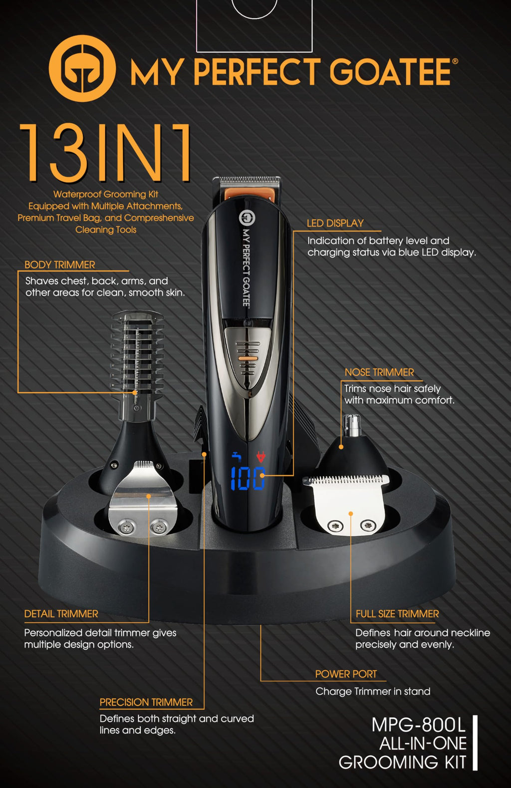 My Perfect Goatee®️ 13-in-1 Mens Grooming Kit - LED Display Beard Trimming Kit with Travel Bag, Charging Stand, & More - Waterproof, Cordless Electric Trimmer for Nose, Body, & More – Ideal Gift Set