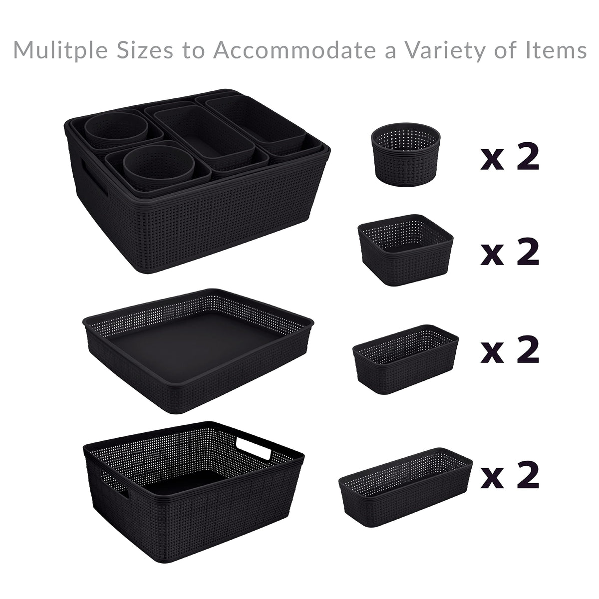 Simplify 10 Piece Organizing Set | Multiple Size Bins | Multipurpose | Office | Desk | Dorm | Bathroom | Storage Basket | Small Items | Accessories | Black