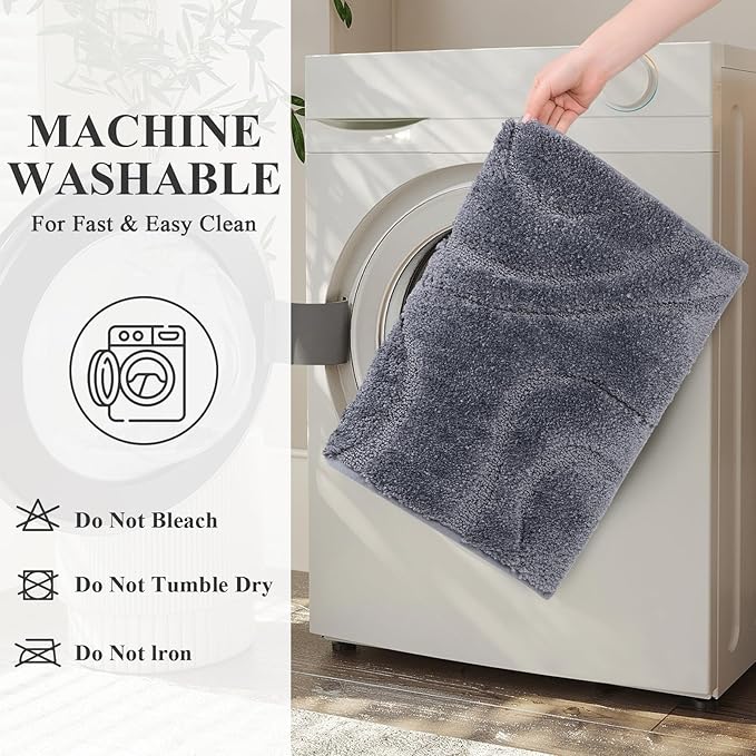 HEBE Bathroom Rugs Sets 5 Piece, Soft Absorbent Microfiber Bath Mat for Bathroom, Non Slip Washable Bath Rug Set with Toilet Cover, Bath Runner and U-Shaped Contour Toilet Rug, Dark Grey