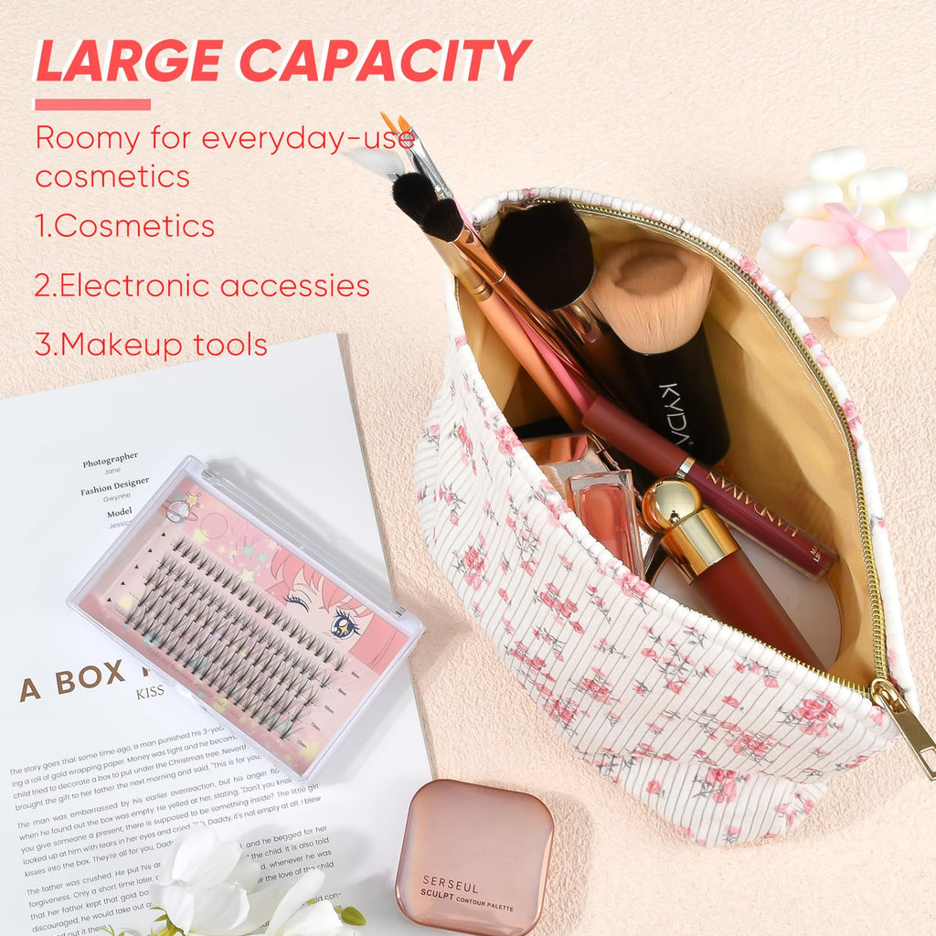 Ksriylm Cute Makeup Pouch for Women Flower Small Make Up Bag for Purse Zipper Initial Cosmetic Bags Pouches for Purse Aesthetic Travel Toiletrybags Gift,Red Floral