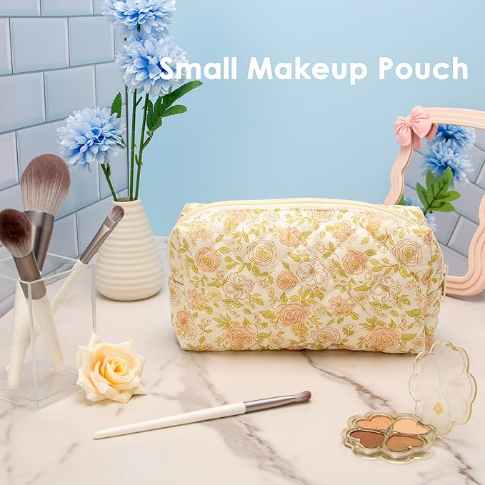 PAZIMIIK Small Quilted Makeup Bag,Zipper Cosmetic Pouch,Rose Beige