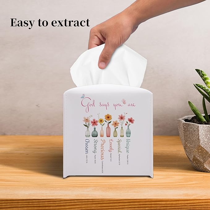 Grace Yonks Cute Tissue Box Cover Square - “God Says You are” Bible-Inspired Floral Design 5.2" PU Leather Holder for Vanity, Desk, or Bathroom Counter - Cube Case for Facial Tissues(020)