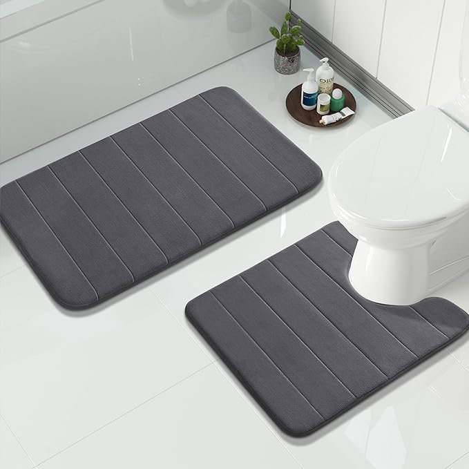 Yimobra Memory Foam Bath Mat Set 2 Piece - Super Soft Absorbent Quick Dry Bathroom Toilet Rugs, Machine Washable Non Slip Floor Carpet for Tub Shower & Single Sink (31.5x20 & 24x20, Dark Gray)