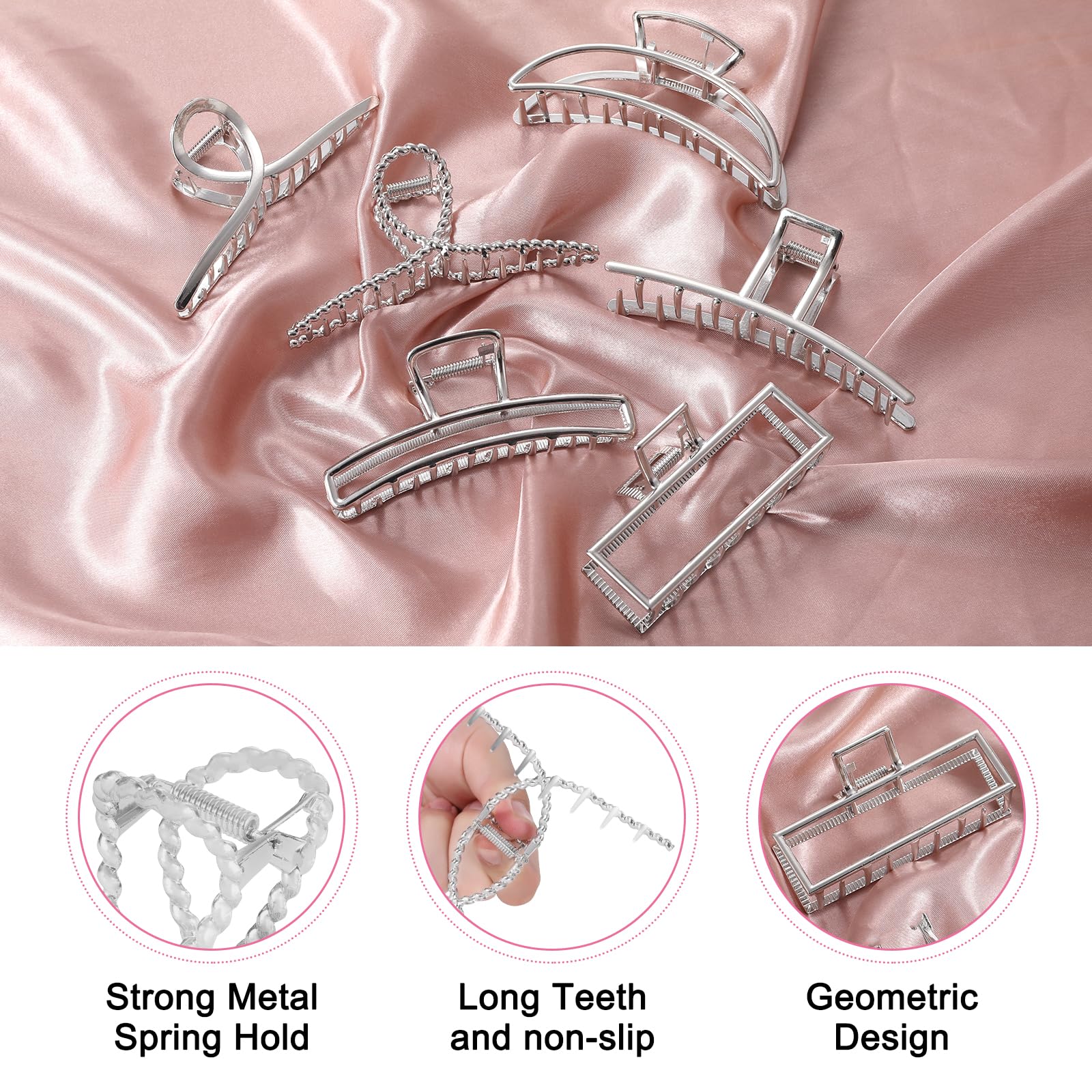 LUKACY 6 Pack Large Metal Hair Claw Clips - 4 Inch, Perfect Big silver claw clips hair clips for Women and Thinner, Thick hair styling,Strong Hold, Fashion Hair Accessories (Style 1 Silver)