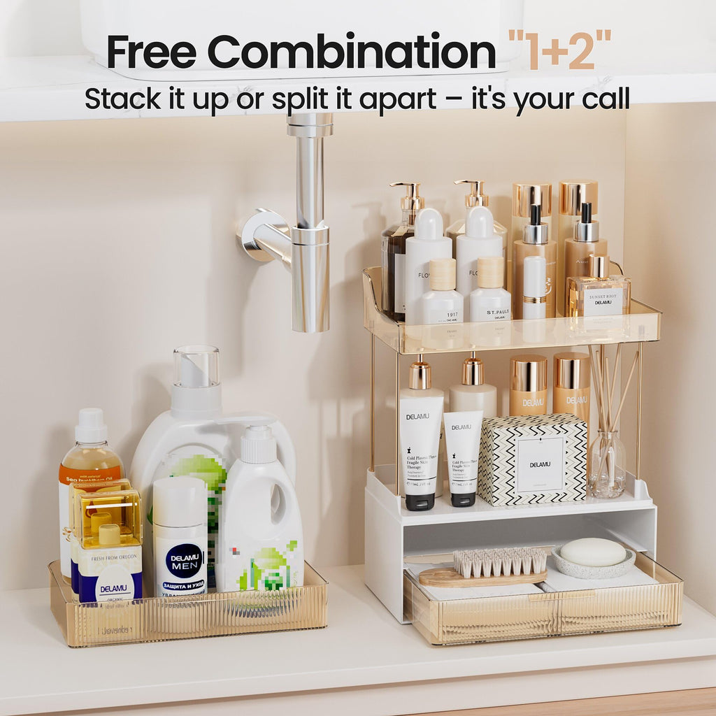 Delamu Bathroom Organizers and Storage, 2 Tier 2 Drawer Makeup Organizer Countertop, Easy to Install, Ideal for Bathroom Counter, Vanity, Ideal Gifts for Women Girls, Amber