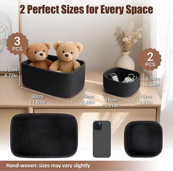 VIRETH HAUS 5-Pack Small Woven Rope Storage Baskets – 2 Sizes Organizer Bins for Closet, Shelf, Bookshelf, Nursery, Changing Table, Fabric Cube Boxes, Rectangular Shallow Bins for Bathroom, Toy & Home