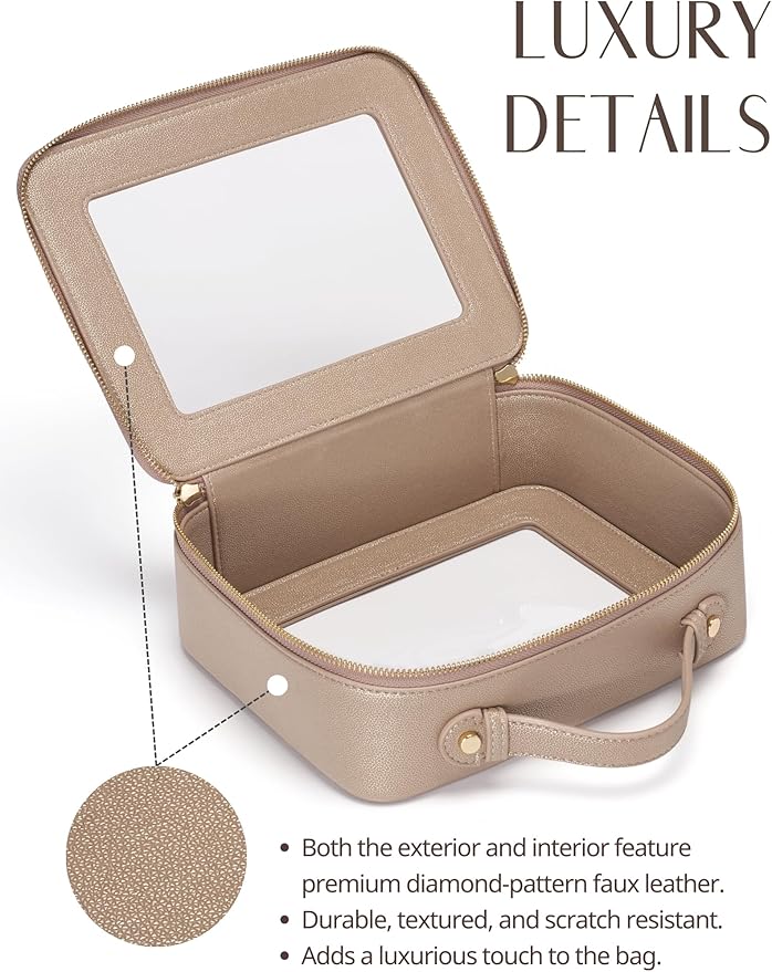 Popvibe Clear Makeup Bag Travel Cosmetic Case Transparent Toiletry Bag with Zipper, Portable Make Up Organizer Traveling Compact Car Bag for Essentials, Gold, Large