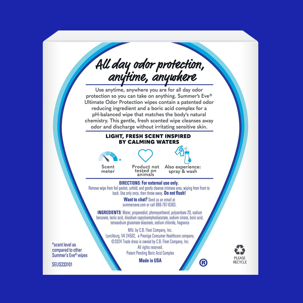 Summer's Eve Ultimate Odor Protection Daily Feminine Wipes, Gentle pH-Balanced Formula with Boric Acid Cleanses & Removes Vaginal Odor, Individually Wrapped Body Wipes, 12 Count