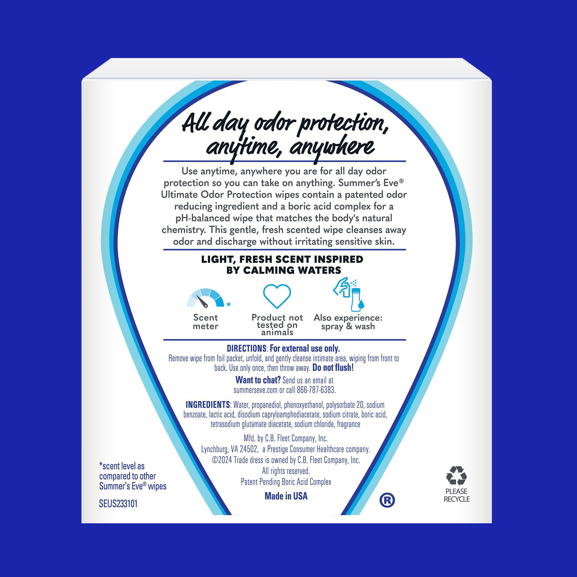 Summer's Eve Ultimate Odor Protection Daily Feminine Wipes, Gentle pH-Balanced Formula with Boric Acid Cleanses & Removes Vaginal Odor, Individually Wrapped Body Wipes, 12 Count