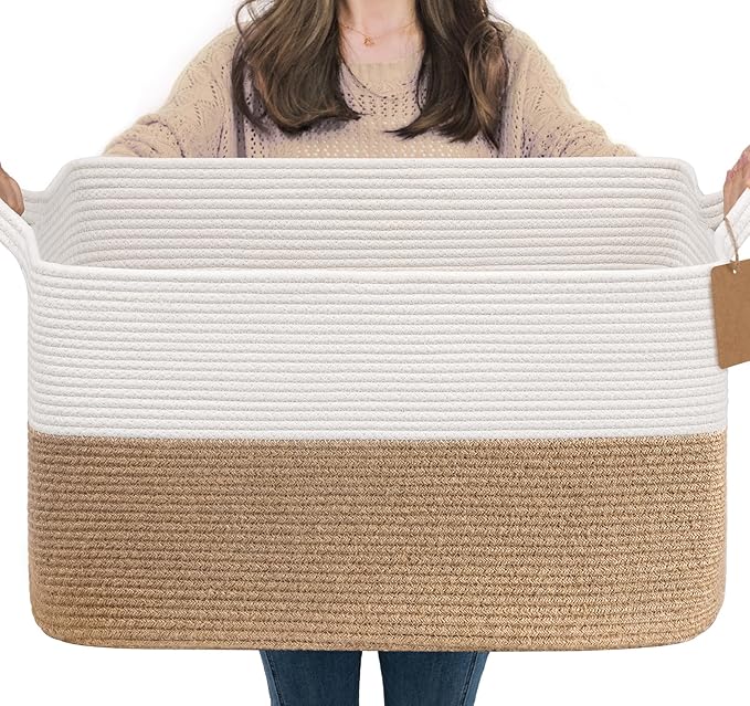 Goodpick Extra Large Woven Rope Storage Basket, Rectangle, Light Gray