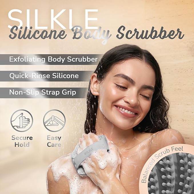 Silicone Body Scrubber – Gentle Exfoliating Shower Scrubber for Body & Bath, Silicone Shower Brush & Loofah Alternative – Non-Slip Silicone Body Brush, Quick Dry, Hygienic - Gray