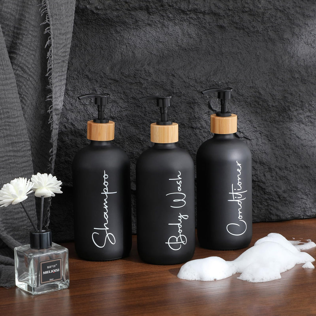 Glass Shampoo and Conditioner Pump Bottles Soap Dispenser Bamboo Pump Head Empty Glass Refillable Shampoo Conditioner Body Wash Soap Bottles for Bathroom, 17 oz, 3 Pack, Black