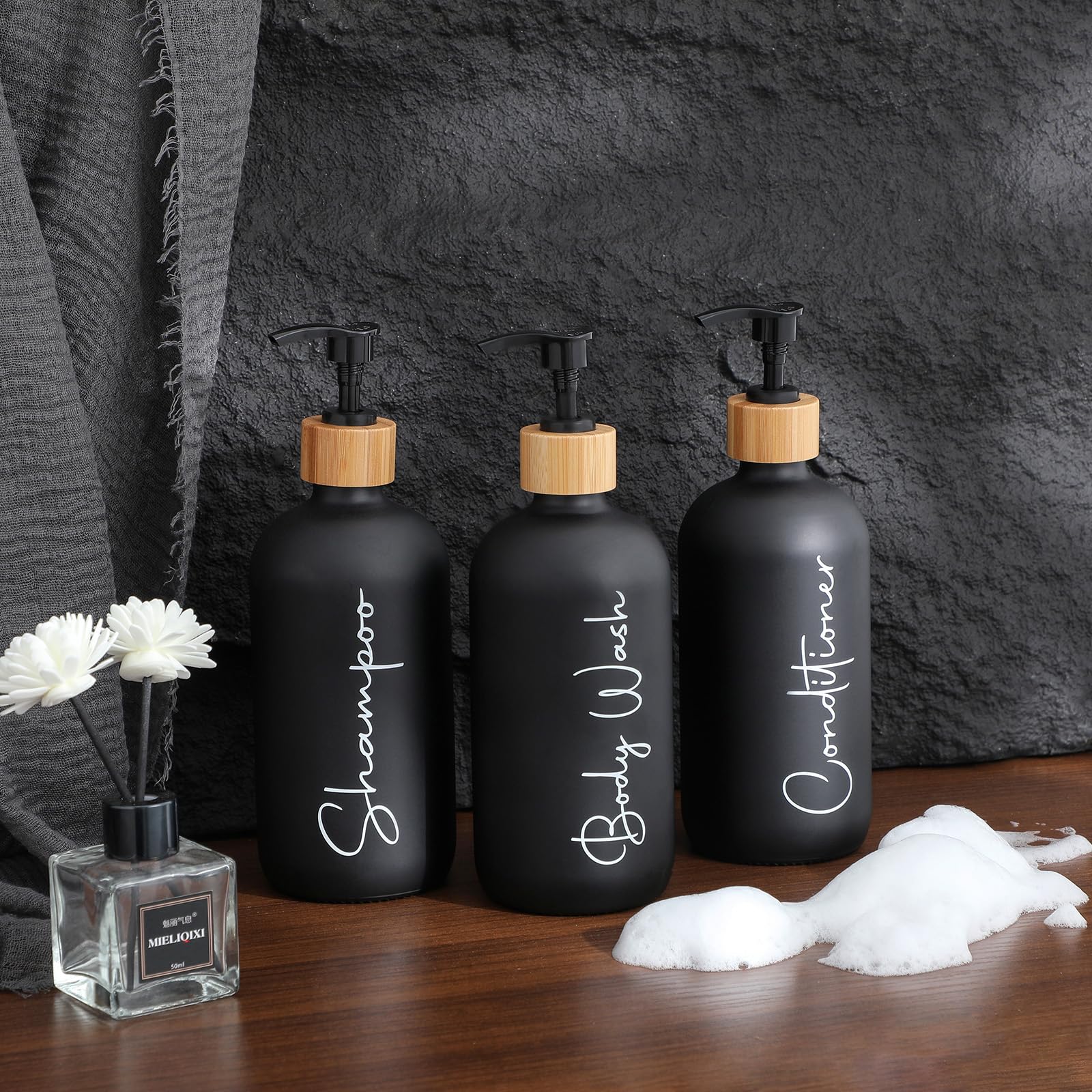 Glass Shampoo and Conditioner Pump Bottles Soap Dispenser Bamboo Pump Head Empty Glass Refillable Shampoo Conditioner Body Wash Soap Bottles for Bathroom, 17 oz, 3 Pack, Black