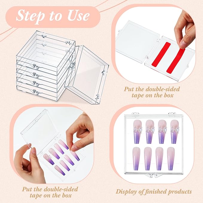 Landhoow 15 Pcs Press On Nail Boxes Nail Display Case with 30 Adhesive Tape, Artificial Press On Nail Container, Acrylic Storage Organizer(Clear)