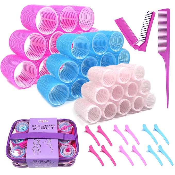 Hair Rollers Large Small 50PCS Set, 36PC Large Medium Small Hair Rollers for Volume Curlers with 12PC Clips and 2 Combs for Short Medium Blowout Look Long Hair Gift for Women Girls