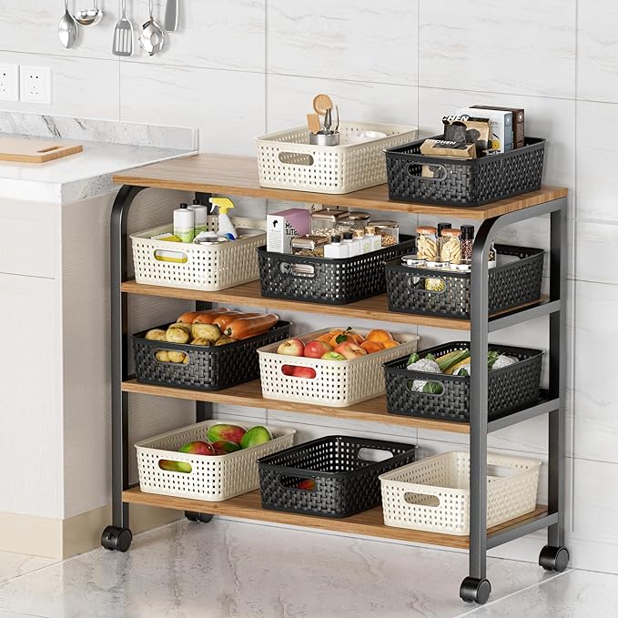 FUCDTEFC Black Plastic Basket, 8 Pack Home Organization and Storage Baskets with Handles, Space Saving Woven Organizer Bins Plastic Storage Basket for Organizing Cabinets,Closets, Shelves, Countertops