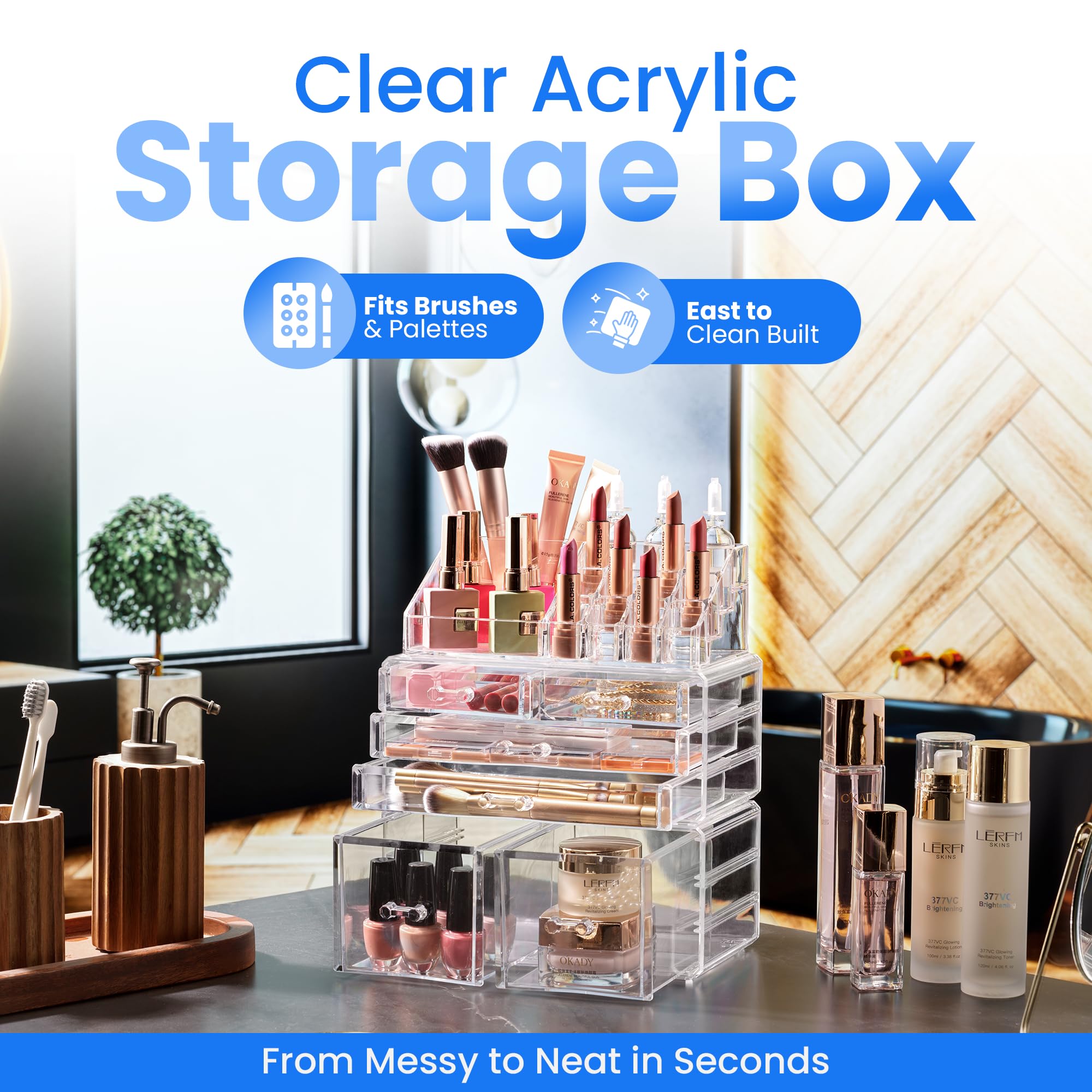 Masirs Clear Cosmetic Storage Organizer, Classy Design, Versatile, Simplifies Your Life
