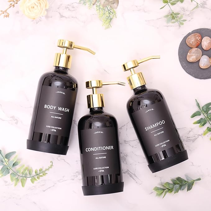 Janxin Shampoo and Conditioner Dispenser Set of 3,Refillable 21oz Shampoo Bottles with Non-Slip Protective Silicone Pad,Shower Soap Dispenser with Waterproof Labels for Bathroom (Black)