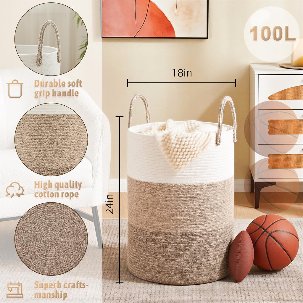 Artfeel Laundry Basket,Woven Cotton Rope Laundry Hamper,100L for Decorative Storage of Dirty Clothes,Toys and Blankets in Bathroom,Bedroom and Living Room
