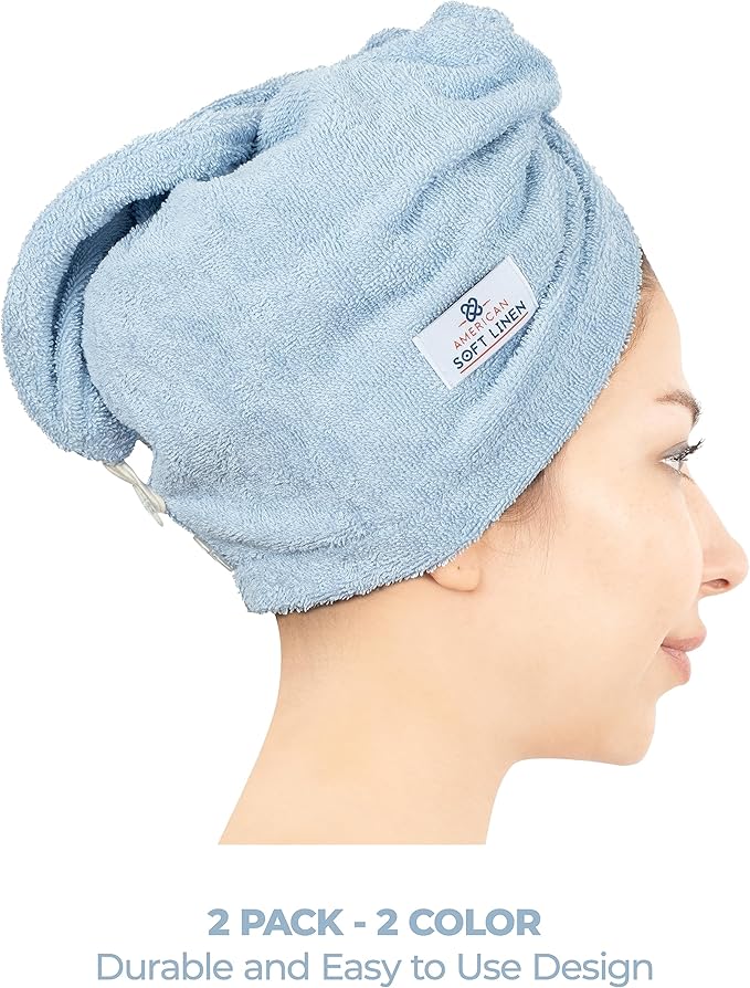 American Soft Linen 100% Cotton Hair Towels for Women, Head Towel Cap, Cotton Hair Turban Towel Wrap for Long Curly Anti Frizz Hair, Soft and Absorbent Cotton Hair Towels 2 Pack, Sky Blue-Pink