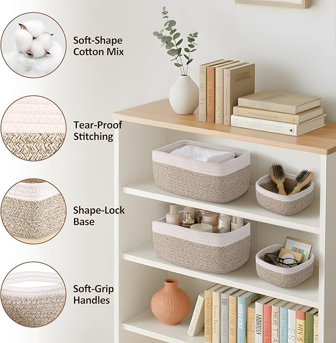 VIRETH HAUS 5-Pack Small Woven Rope Storage Baskets – 2 Sizes Organizer Bins for Closet, Shelf, Bookshelf, Nursery, Changing Table, Fabric Cube Boxes, Rectangular Shallow Bins for Bathroom, Toy & Home