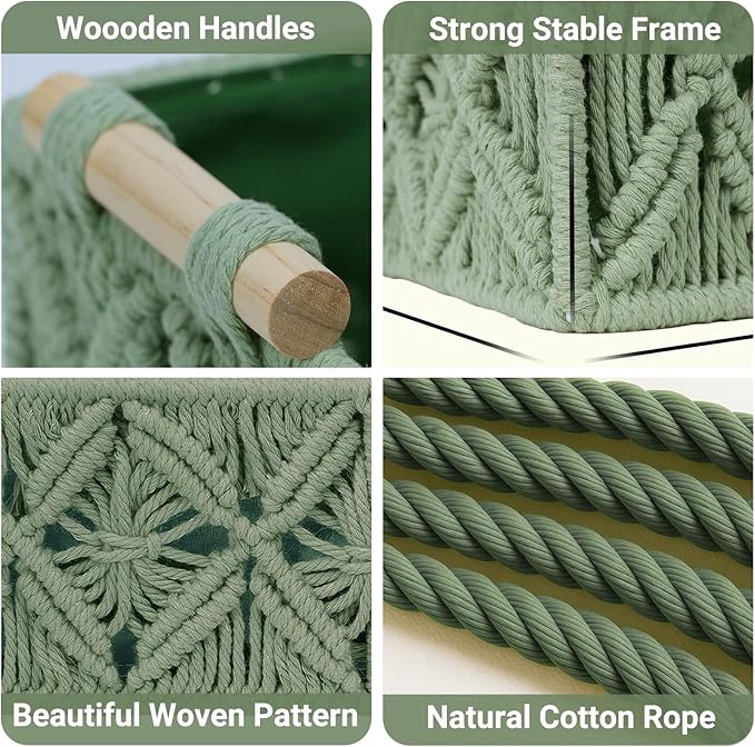 Nonam Macrame Storage Baskets, Boho Decor Style Woven Storage Boxes for Home Organization, Toilet Tank Shelf Cabinet Organizer Baskets,Set of 2,Green