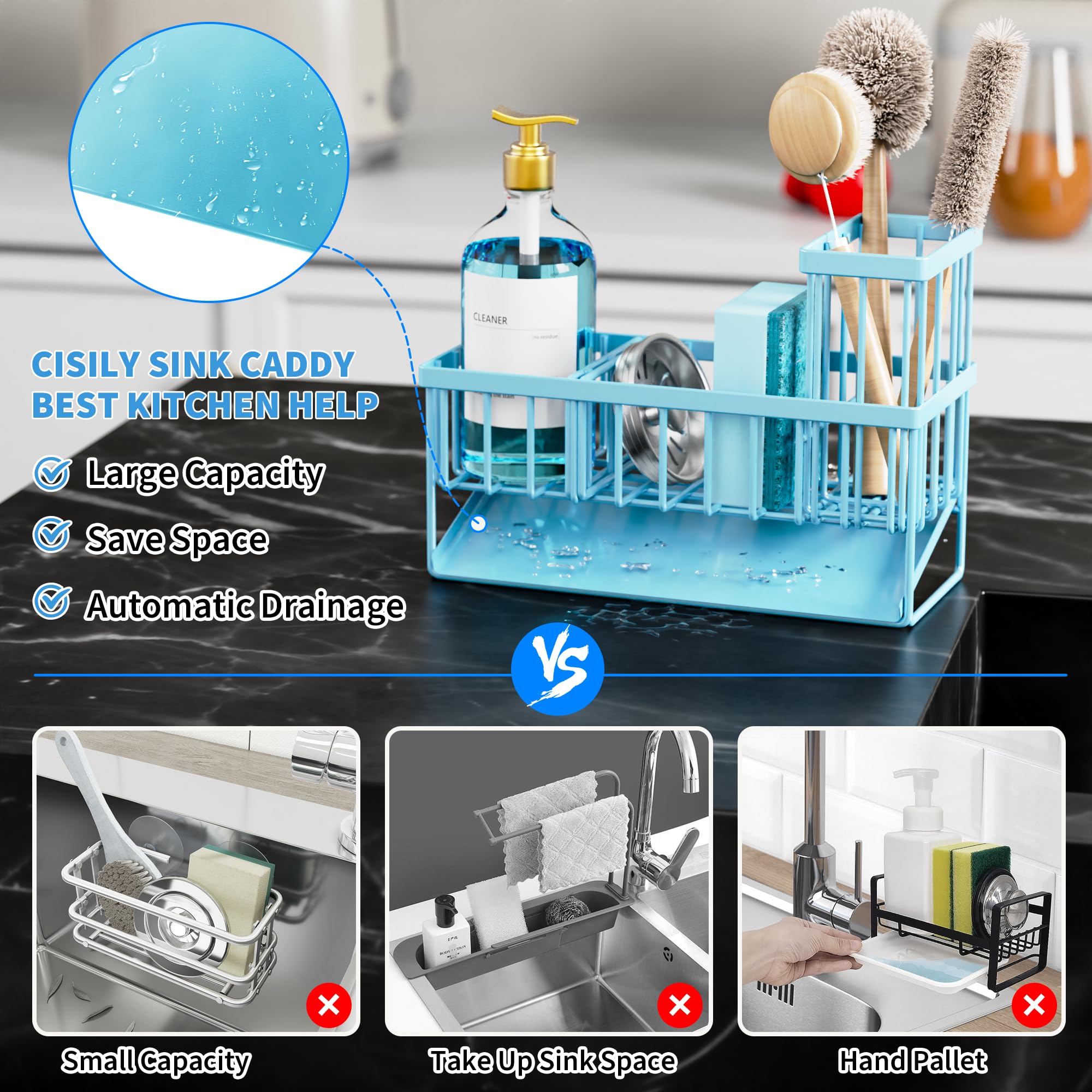 Cisily Blue Kitchen Sink Caddy Organzier with High Brush Holder, Sponge Holder for Sink, 304 Rustproof Stainless, Kitchen Countertop Soap Dispenser Organizer, Blue Home Decor and Accessories