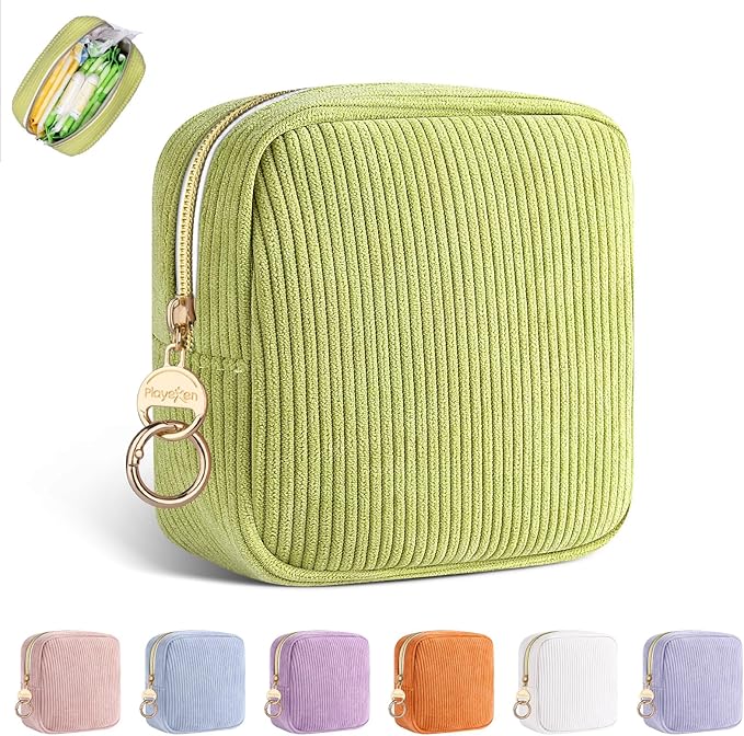 Playexen Period Bag for Purse, Corduroy Sanitary Napkin Storage Bag, Green