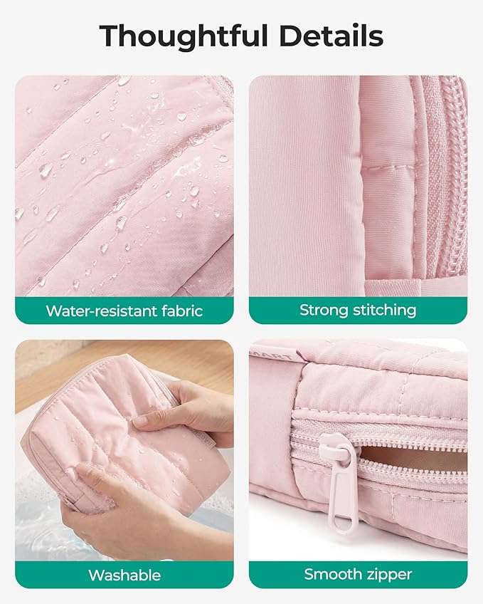 BAGSMART Small Travel Makeup Bag for Purse Toiletry Pouch, Puffy Padded Mini Cosmetics Bag, Cute Make Up Pouch for Women with Slip-in Pocket, Travel Essentials for Toiletries, Greige